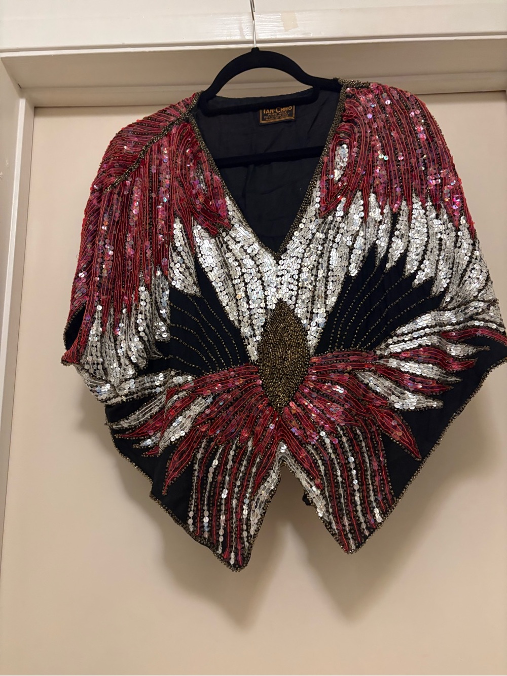 Vintage Tan-Chho Beaded Sequin Black Top with Red & Silver Floral Burst